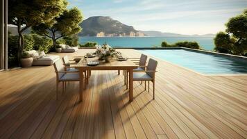 ai generativ Terrasse Möbel von ein Luxus Villa im tropisch Resort mit Stühle und Tabelle foto