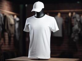 Weiß T-Shirt Attrappe, Lehrmodell, Simulation auf ein Mannequin auf Hüfte hop Hintergrund ai generativ foto