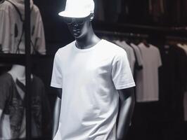 Weiß T-Shirt Attrappe, Lehrmodell, Simulation auf ein Mannequin auf Hüfte hop Hintergrund ai generativ foto