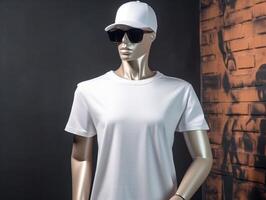 Weiß T-Shirt Attrappe, Lehrmodell, Simulation auf ein Mannequin auf Hüfte hop Hintergrund ai generativ foto