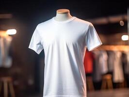 Weiß T-Shirt Attrappe, Lehrmodell, Simulation auf Mannequin ai generativ foto