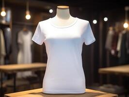 Weiß T-Shirt Attrappe, Lehrmodell, Simulation auf Mannequin ai generativ foto