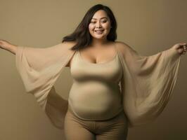 Plus Größe asiatisch Frau emotional dynamisch Pose ai generativ foto
