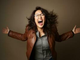 Studio Schuss von Plus Größe asiatisch Frau dynamisch emotional Gesten ai generativ foto