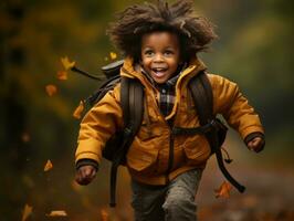 emotional dynamisch Gesten afrikanisch Kind im Herbst ai generativ foto