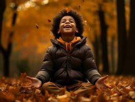 emotional dynamisch Gesten afrikanisch Kind im Herbst ai generativ foto