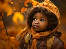 emotional dynamisch Gesten afrikanisch Kind im Herbst ai generativ foto