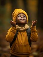 emotional dynamisch Gesten afrikanisch Kind im Herbst ai generativ foto