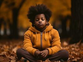 emotional dynamisch Gesten afrikanisch Kind im Herbst ai generativ foto