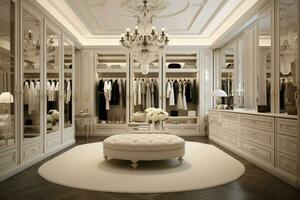 Luxus und sauber Dressing Zimmer im europäisch Stil. generativ ai foto