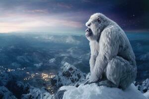 ein Weiß Gorilla steht auf ein schneebedeckt Berg oben. Tier Porträt. generativ ai foto