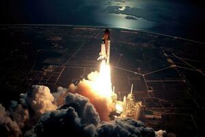Raum Shuttle starten genommen von Raum. Antenne Erde Fotografie von äußere Raum. generativ ai foto