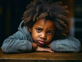 afrikanisch Kind im emotional dynamisch Pose im Schule ai generativ foto