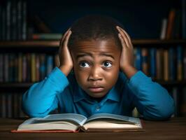 afrikanisch Kind im emotional dynamisch Pose im Schule ai generativ foto