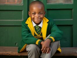 afrikanisch Kind im emotional dynamisch Pose im Schule ai generativ foto