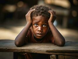 afrikanisch Kind im emotional dynamisch Pose im Schule ai generativ foto