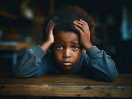 afrikanisch Kind im emotional dynamisch Pose im Schule ai generativ foto