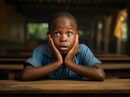 afrikanisch Kind im emotional dynamisch Pose im Schule ai generativ foto