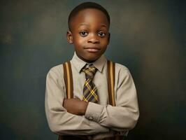 afrikanisch Kind im emotional dynamisch Pose im Schule ai generativ foto