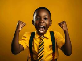 afrikanisch Kind im emotional dynamisch Pose im Schule ai generativ foto