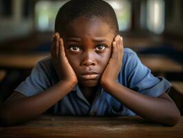 afrikanisch Kind im emotional dynamisch Pose im Schule ai generativ foto