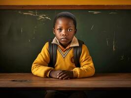 afrikanisch Kind im emotional dynamisch Pose im Schule ai generativ foto