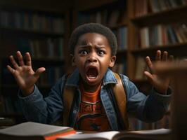 afrikanisch Kind im emotional dynamisch Pose im Schule ai generativ foto