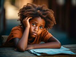 afrikanisch Kind im emotional dynamisch Pose im Schule ai generativ foto