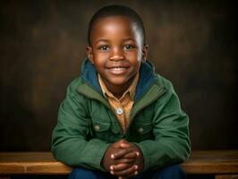 afrikanisch Kind im emotional dynamisch Pose im Schule ai generativ foto