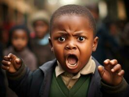 afrikanisch Kind im emotional dynamisch Pose im Schule ai generativ foto