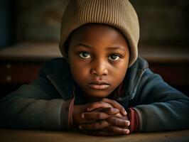 afrikanisch Kind im emotional dynamisch Pose im Schule ai generativ foto