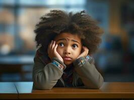 afrikanisch Kind im emotional dynamisch Pose im Schule ai generativ foto