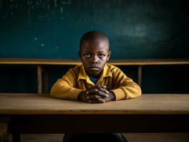 afrikanisch Kind im emotional dynamisch Pose im Schule ai generativ foto