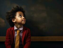 afrikanisch Kind im emotional dynamisch Pose im Schule ai generativ foto