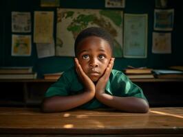 afrikanisch Kind im emotional dynamisch Pose im Schule ai generativ foto