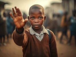 afrikanisch Kind im emotional dynamisch Pose im Schule ai generativ foto