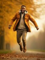 afrikanisch Mann im emotional dynamisch Pose auf Herbst Hintergrund ai generativ foto