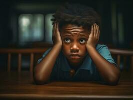 afrikanisch Kind im emotional dynamisch Pose im Schule ai generativ foto