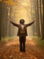 afrikanisch Mann im emotional dynamisch Pose auf Herbst Hintergrund ai generativ foto