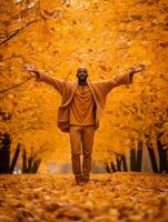 afrikanisch Mann im emotional dynamisch Pose auf Herbst Hintergrund ai generativ foto