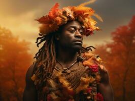 afrikanisch Mann im emotional dynamisch Pose auf Herbst Hintergrund ai generativ foto