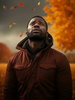 afrikanisch Mann im emotional dynamisch Pose auf Herbst Hintergrund ai generativ foto