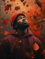 afrikanisch Mann im emotional dynamisch Pose auf Herbst Hintergrund ai generativ foto