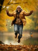 afrikanisch Mann im emotional dynamisch Pose auf Herbst Hintergrund ai generativ foto