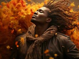 afrikanisch Mann im emotional dynamisch Pose auf Herbst Hintergrund ai generativ foto