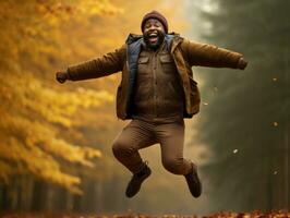 afrikanisch Mann im emotional dynamisch Pose auf Herbst Hintergrund ai generativ foto