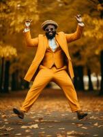 afrikanisch Mann im emotional dynamisch Pose auf Herbst Hintergrund ai generativ foto