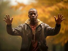 afrikanisch Mann im emotional dynamisch Pose auf Herbst Hintergrund ai generativ foto