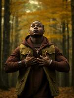 afrikanisch Mann im emotional dynamisch Pose auf Herbst Hintergrund ai generativ foto