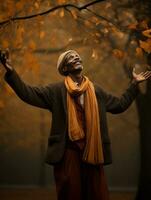 afrikanisch Mann im emotional dynamisch Pose auf Herbst Hintergrund ai generativ foto